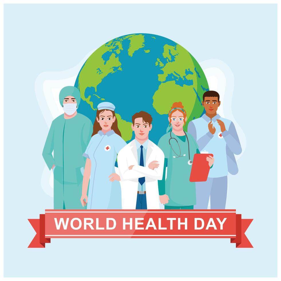 Medical staff standing in front of the globe. World Health Day with health workers. World Health Day concept. vector