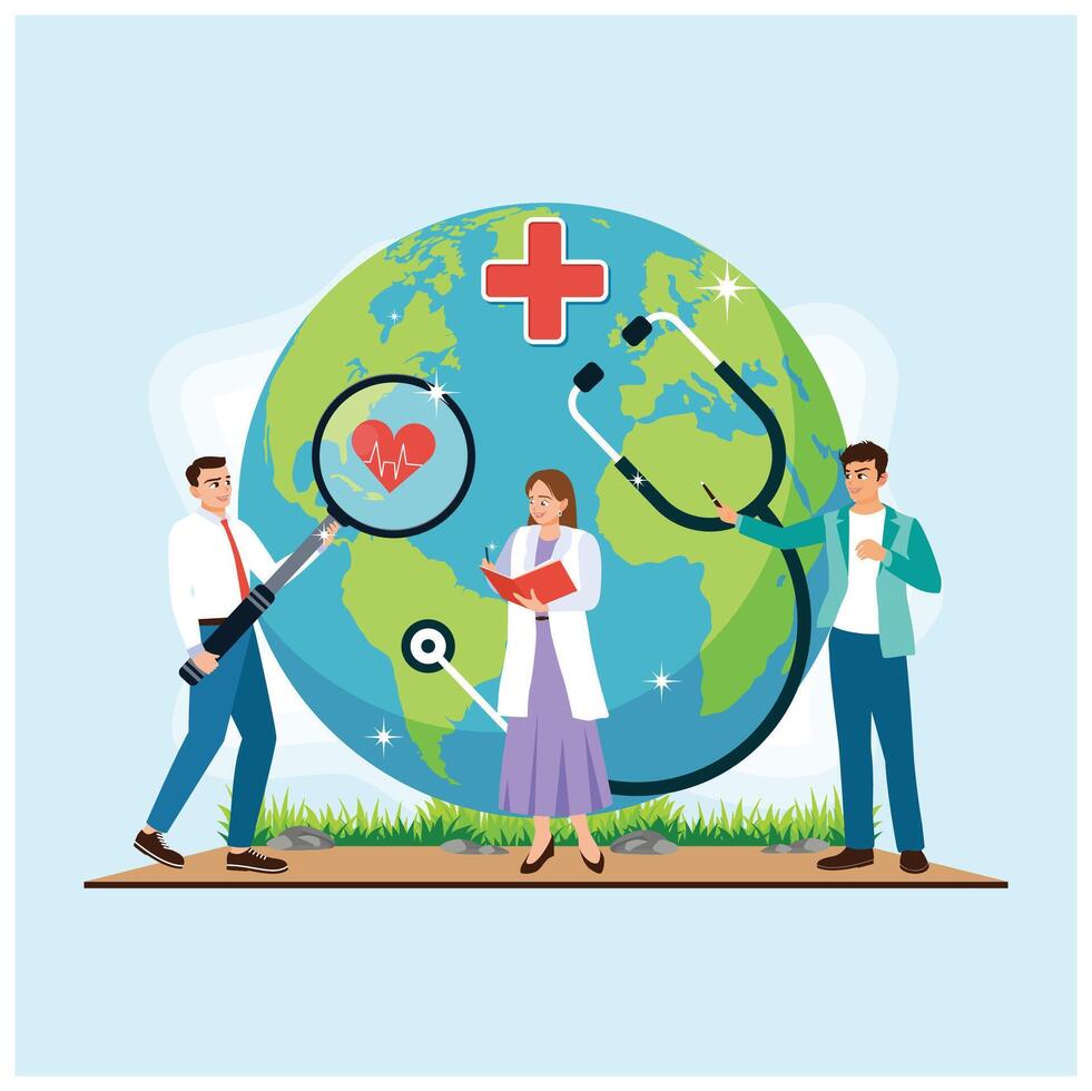 Health workers check the world's health. Doctor using a stethoscope. World Health Day concept. vector
