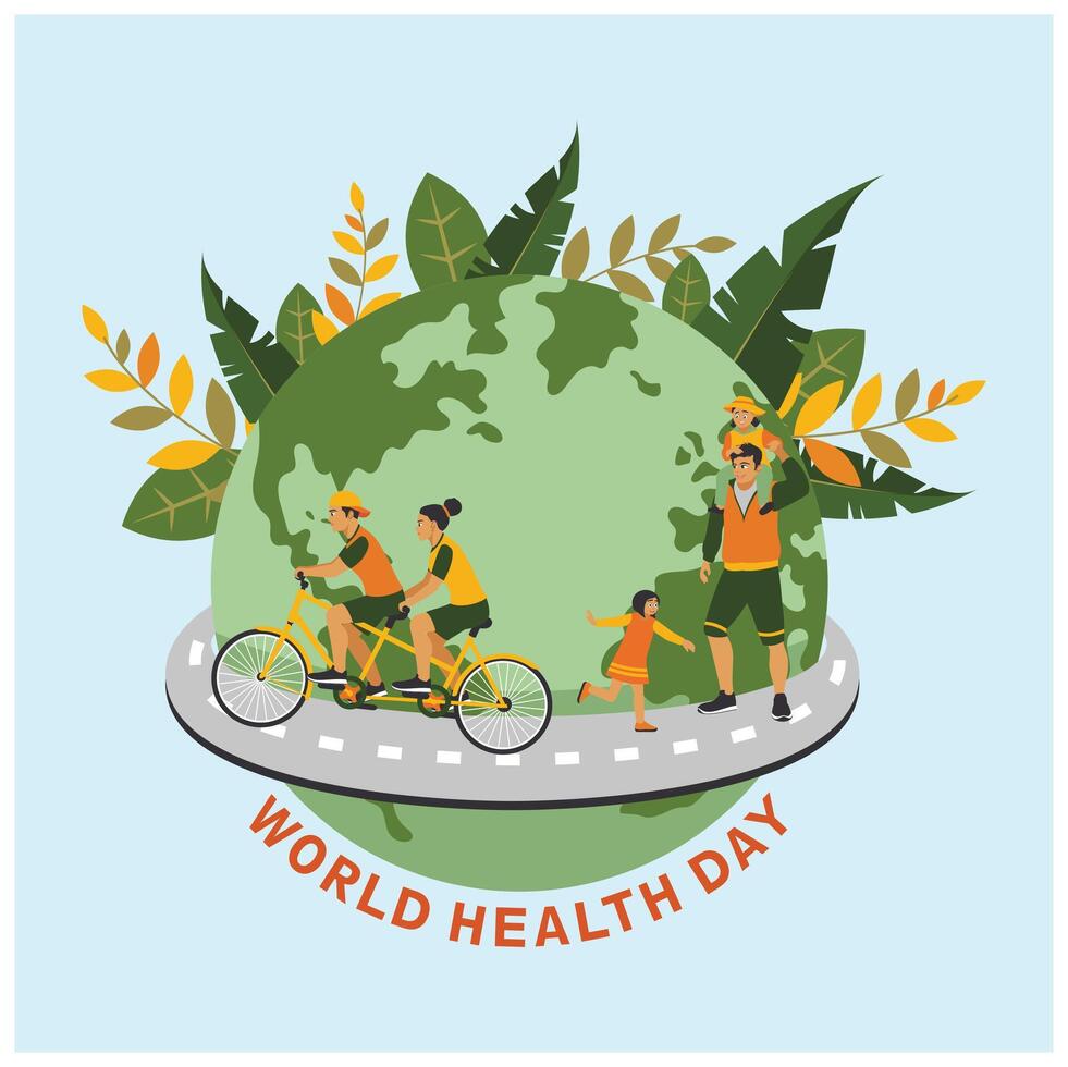 People doing physical exercise against the background of the earth. World Health Day concept. Flat illustration. vector