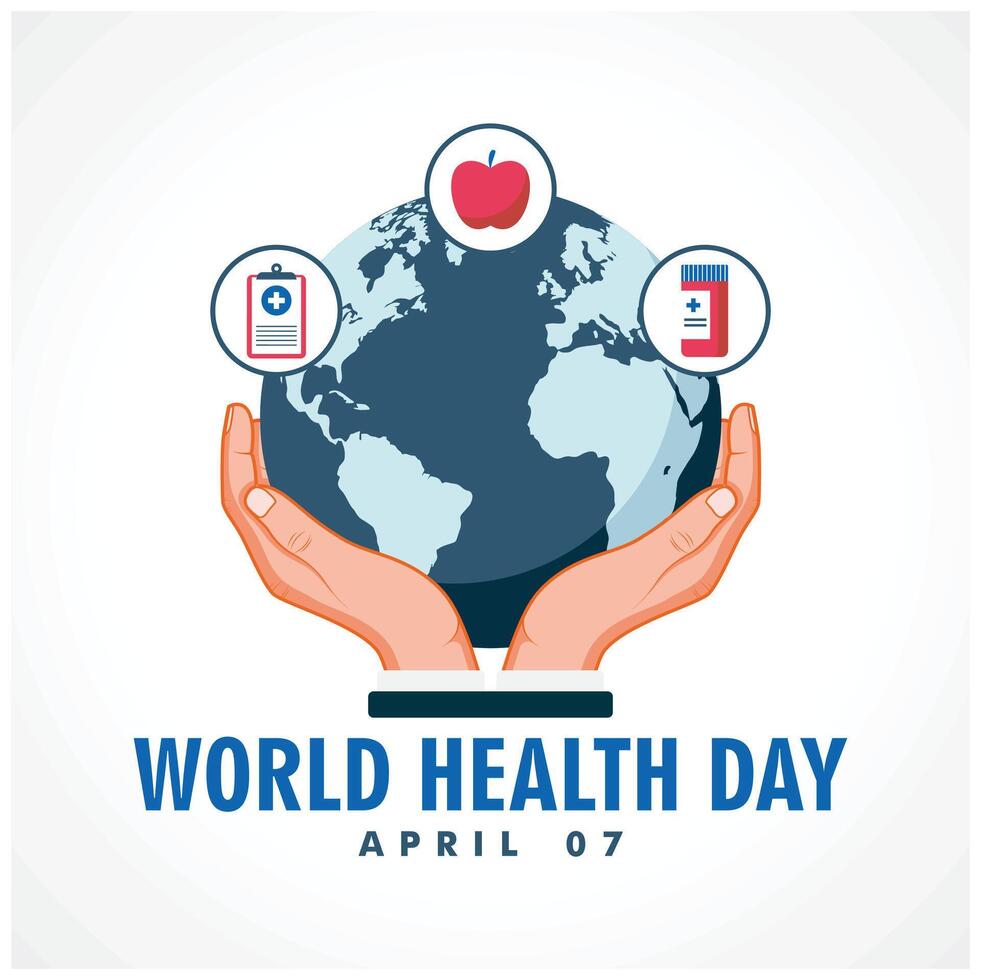 Hand-holding globe with health icons. Global health awareness day. World health day concept. Flat illustration. vector