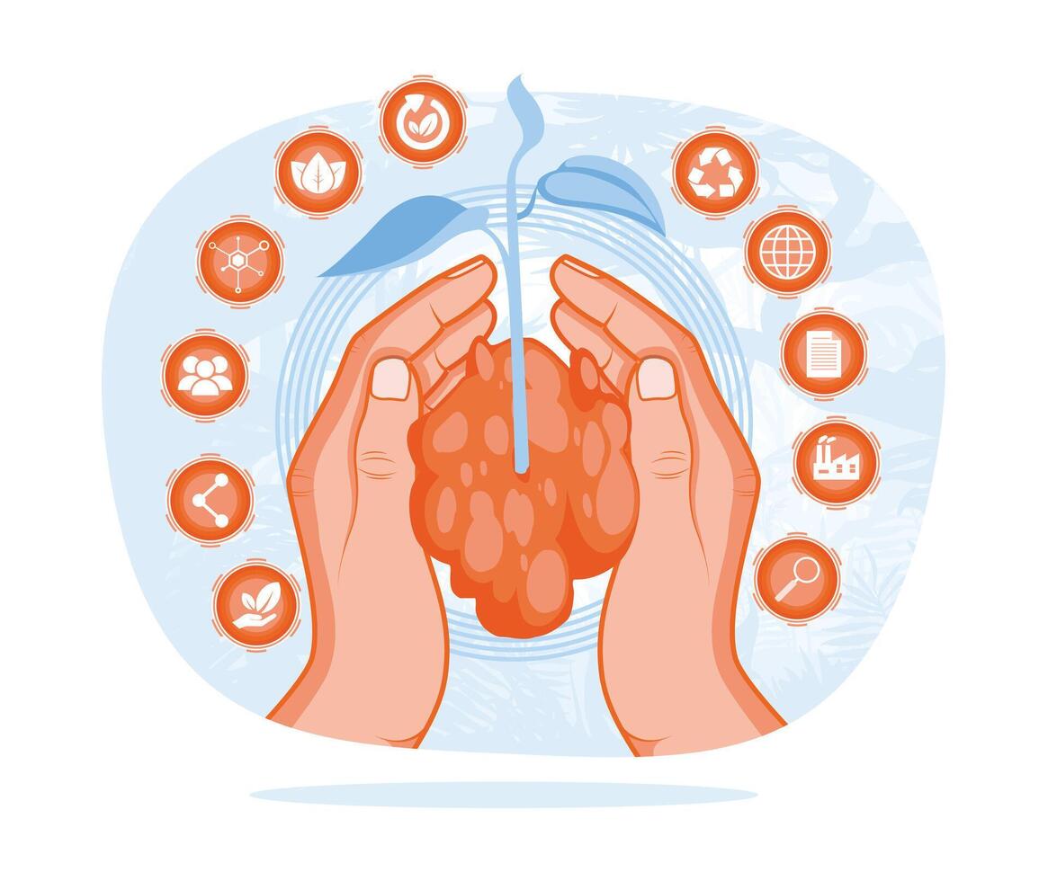 Tree with ESG icon in hand. Business governance using renewable resource technology. ESG concept. Flat illustration. vector