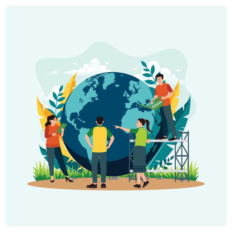 A group of people prepare for Earth Day. Save the earth and the environment. Earth Day concept. Flat illustration. vector