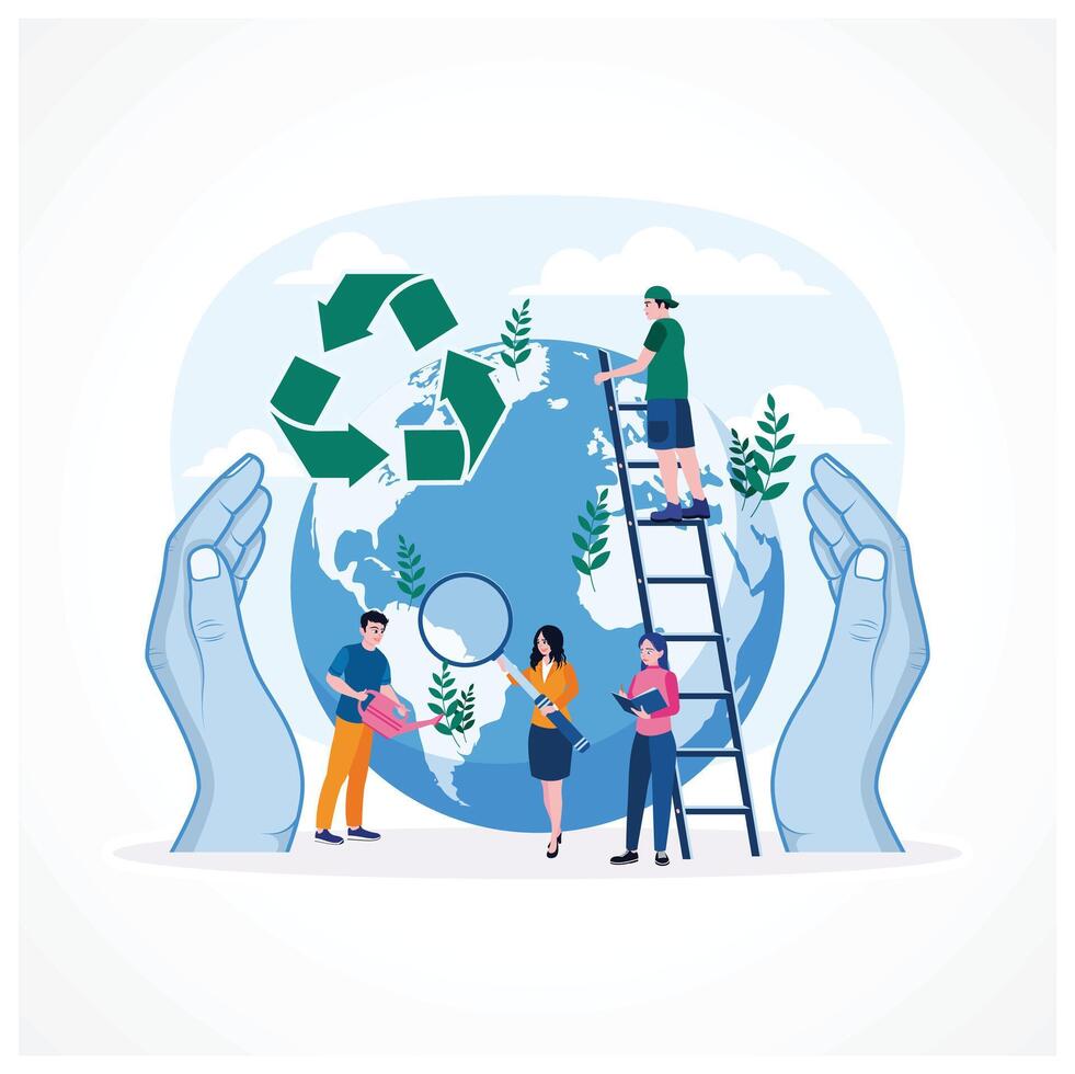 A group of people save planet Earth. Environmental protection, renewable energy. Earth Day concept. Flat illustration. vector