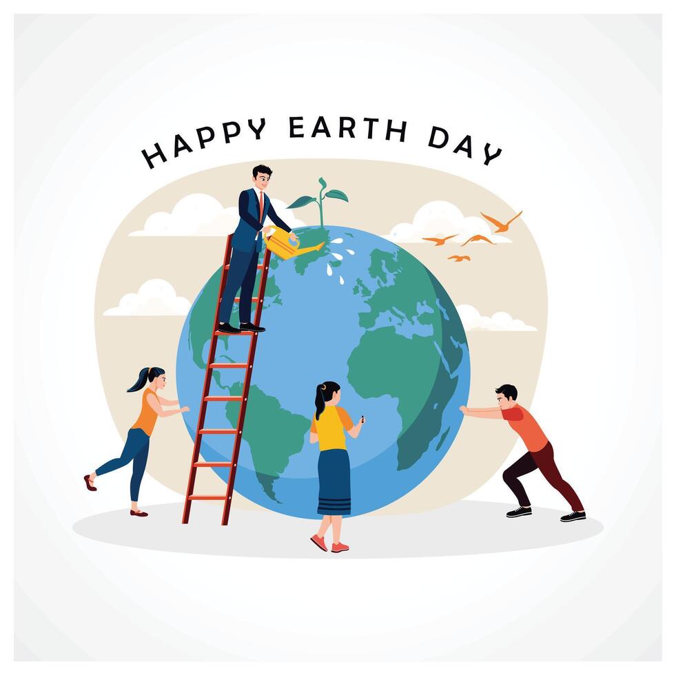 People save the earth. Watering plants and maintaining the ecology of the earth. Earth Day concept. Flat illustration. vector