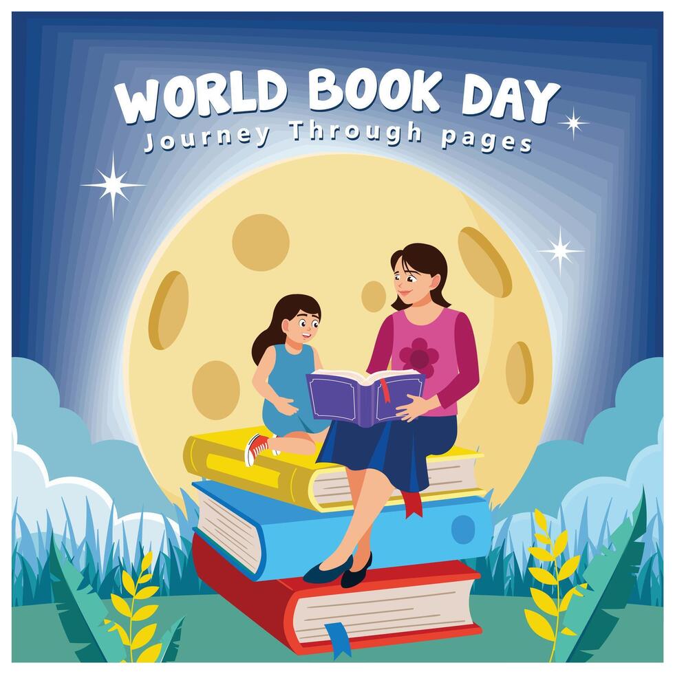 Mother and daughter reading a book outdoors. Stack of books with full moon background. World Book Day concept. Flat illustration. vector