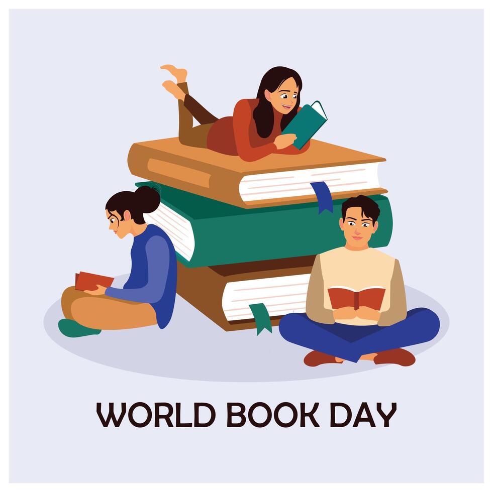 Stack of books for World Book Day. People are reading books. World Book Day concept. Flat illustration. vector