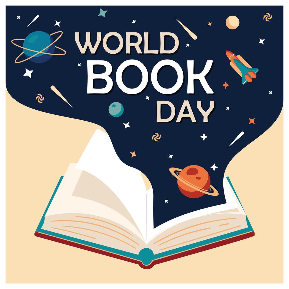 Open book with astronomy icons. Reading increases imagination. World Book Day concept. Flat illustration. vector