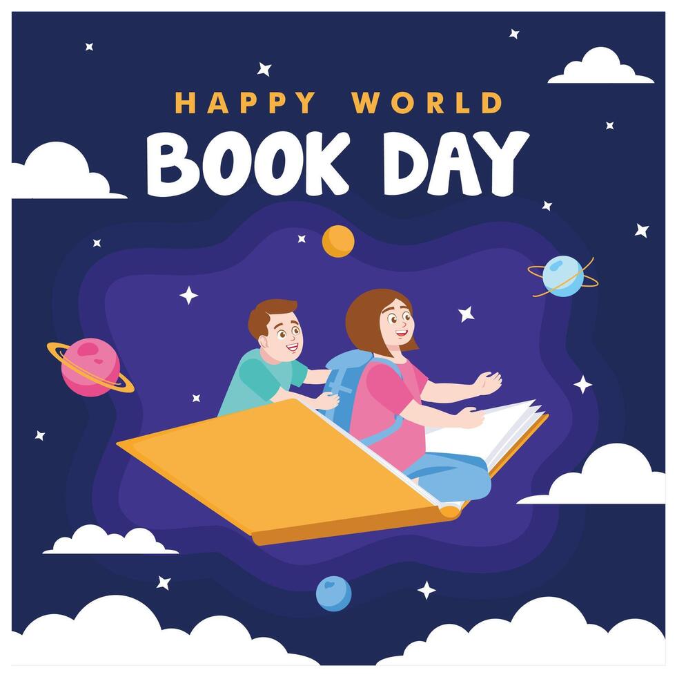 Children fly with open books. Reading books can increase insight and knowledge. World Book Day concept. Flat illustration. vector