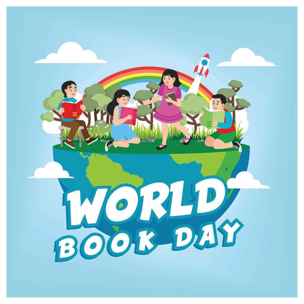 Children reading books outdoors. Reading books increases insight and knowledge. Happy Book Day concept. Flat illustration. vector