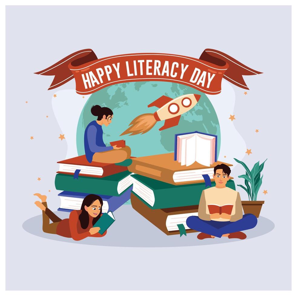 Young people celebrate Literacy Day by reading books. Stack of books with rocket icons. Happy Literacy Day concept. Flat illustration. vector