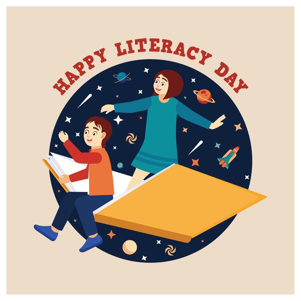 Boy and girl fly over books. Reading books becomes an adventure. Happy Literacy Day concept. Flat illustration. vector