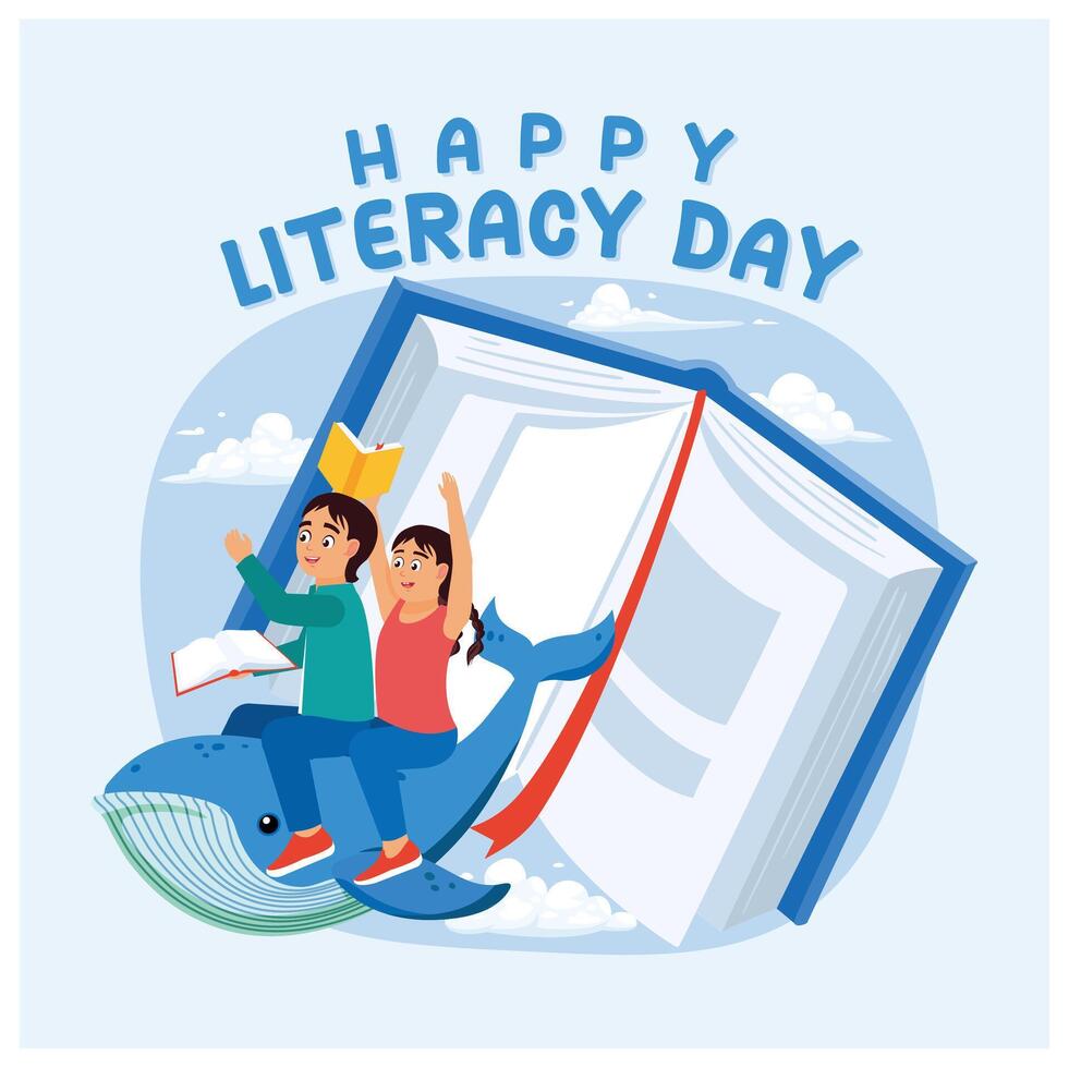 Children reading fantasy books. Reading books becomes an adventure of fantasy and imagination. Happy Literacy Day concept. Flat illustration. vector