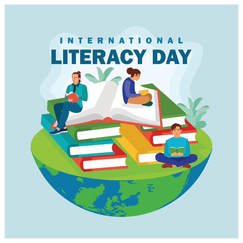 People celebrate Literacy Day by reading books. Reading books increases insight and knowledge. Happy Literacy Day concept. Flat illustration. vector