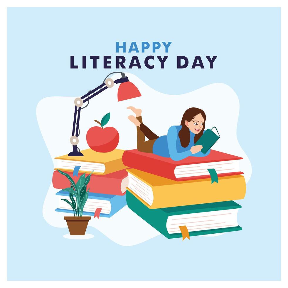 A woman is reading a book. Stack of books with study lamp. Happy Literacy Day concept. Flat illustration. vector
