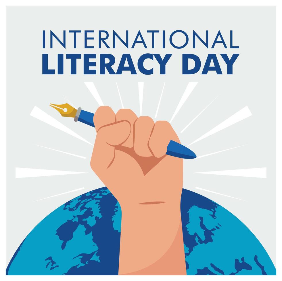 Hand holding a pen. People celebrate Literacy Day by reading and writing. Happy Literacy Day concept. Flat illustration. vector