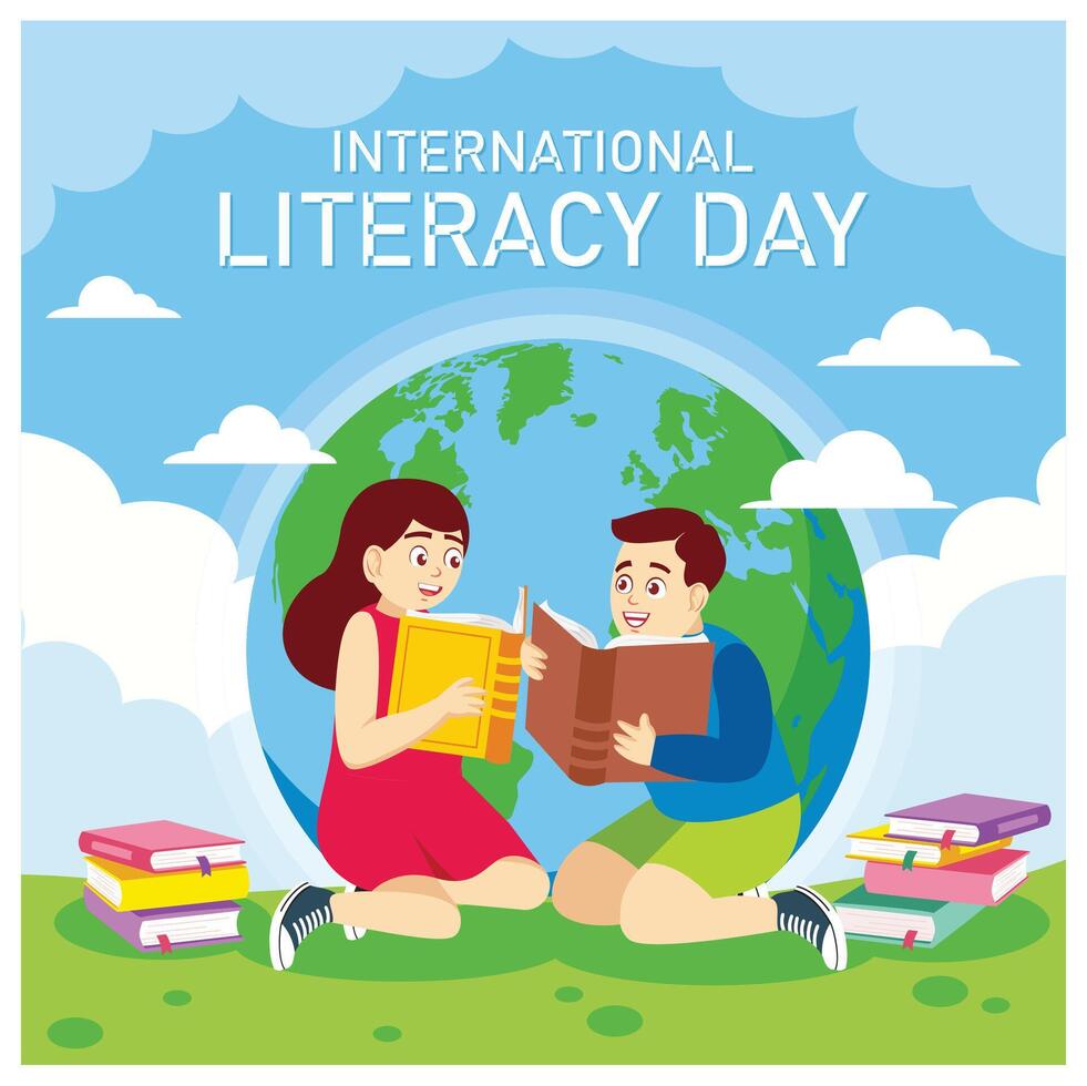 Children reading books outdoors. Reading books increases ideas and imagination. Happy Literacy Day concept. Flat illustration. vector