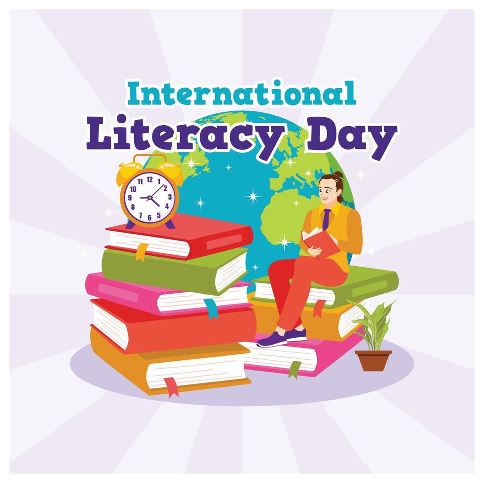 A man sits on a pile of books. Commemorate Literacy Day by reading a book. Happy Literacy Day concept. Flat illustration. vector