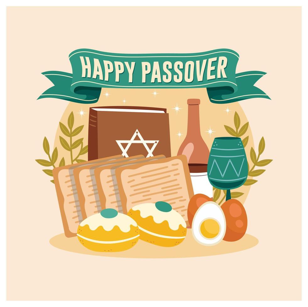 Passover celebration with matzot, eggs, and wine. Christian religious celebration. Passover Day concept. Flat illustration. vector