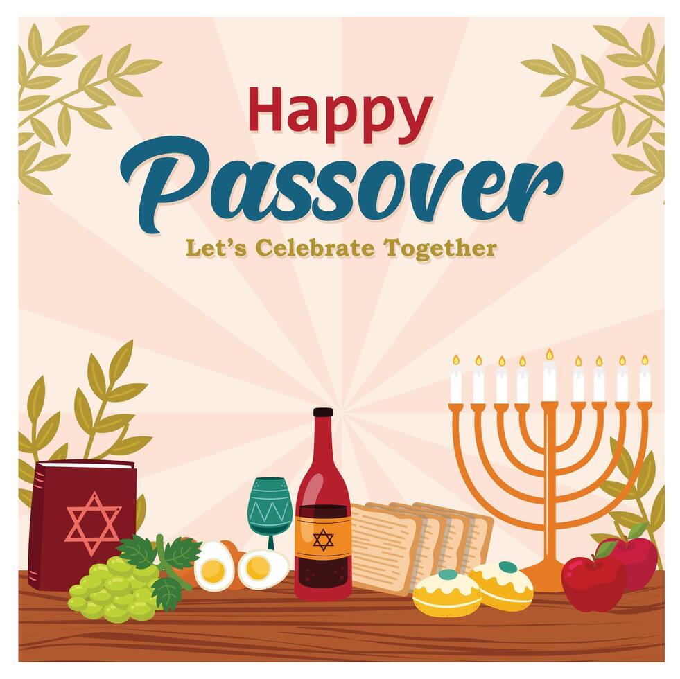 Easter meal with candles and holy book. Joyful Easter celebration. Passover Day concept. Flat illustration. vector