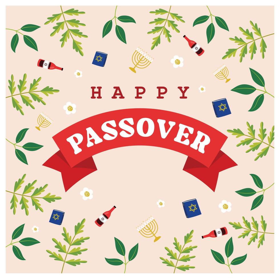 Jewish Passover text with spring flowers. Passover celebration with wine, matzo, candles, and holy books. Passover Day concept. Flat illustration. vector