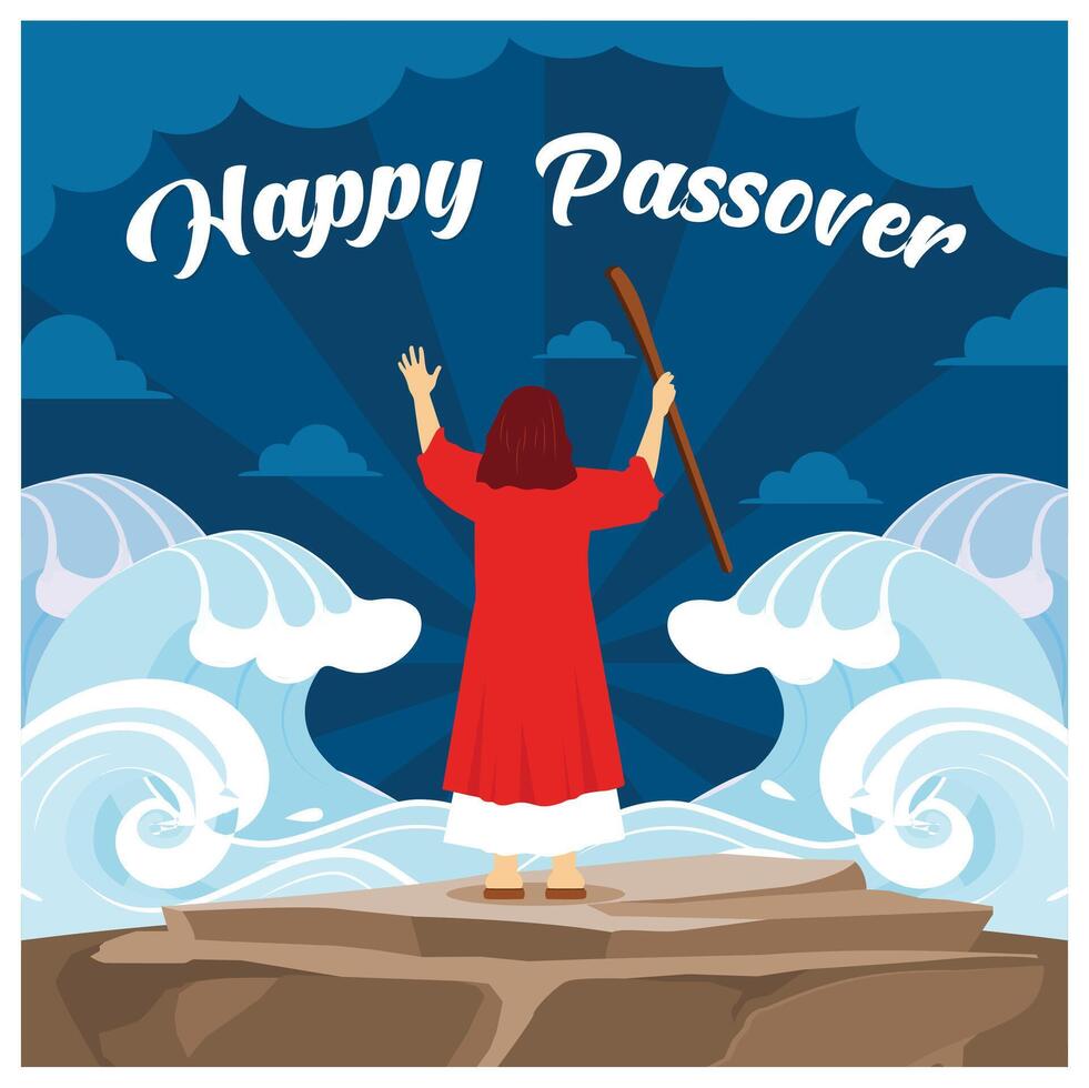 Moses with a rod parted the Red Sea. Ancient Israelite beliefs. Passover Day concept. Flat illustration. vector