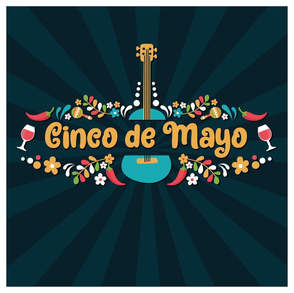 Federal holidays in Mexico. Party with food, flowers and traditional music. Cinco de mayo concept. Flat illustration. vector