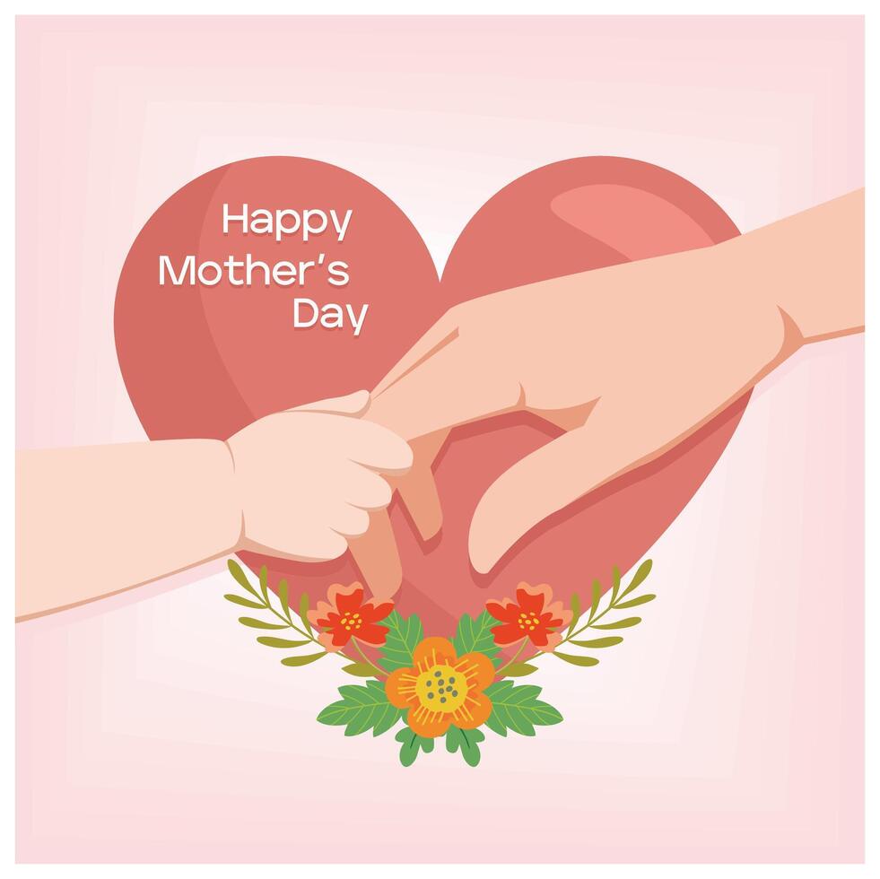 The child's hand holds the mother's hand. Background of carnations and heart shapes. Mother's Day concept. Flat illustration. vector