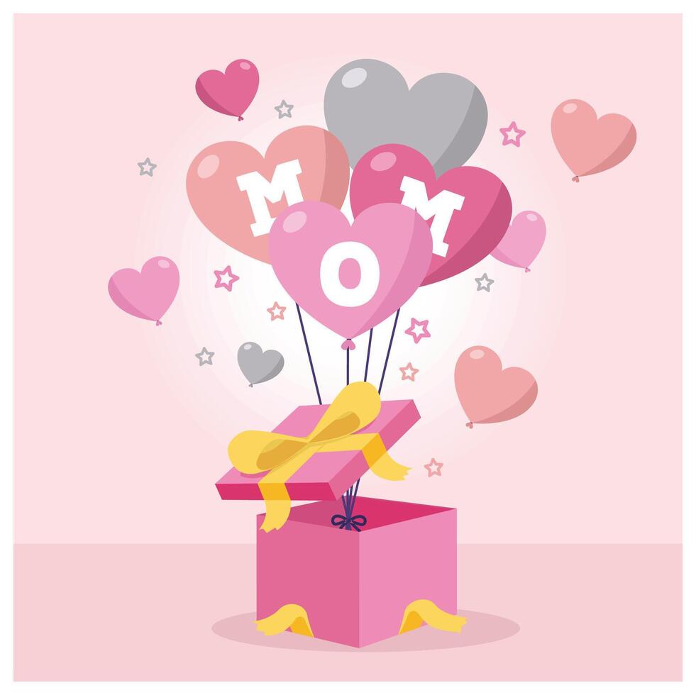 Gift box with heart-shaped balloons. A special gift for Mother's Day. Mother's Day concept. Flat illustration. vector