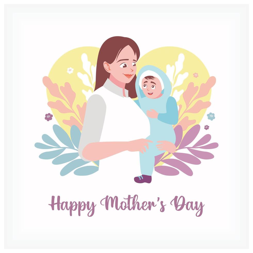 A mother holds a baby boy. Background of leaves and heart shape. Mother's Day concept. Flat illustration. vector