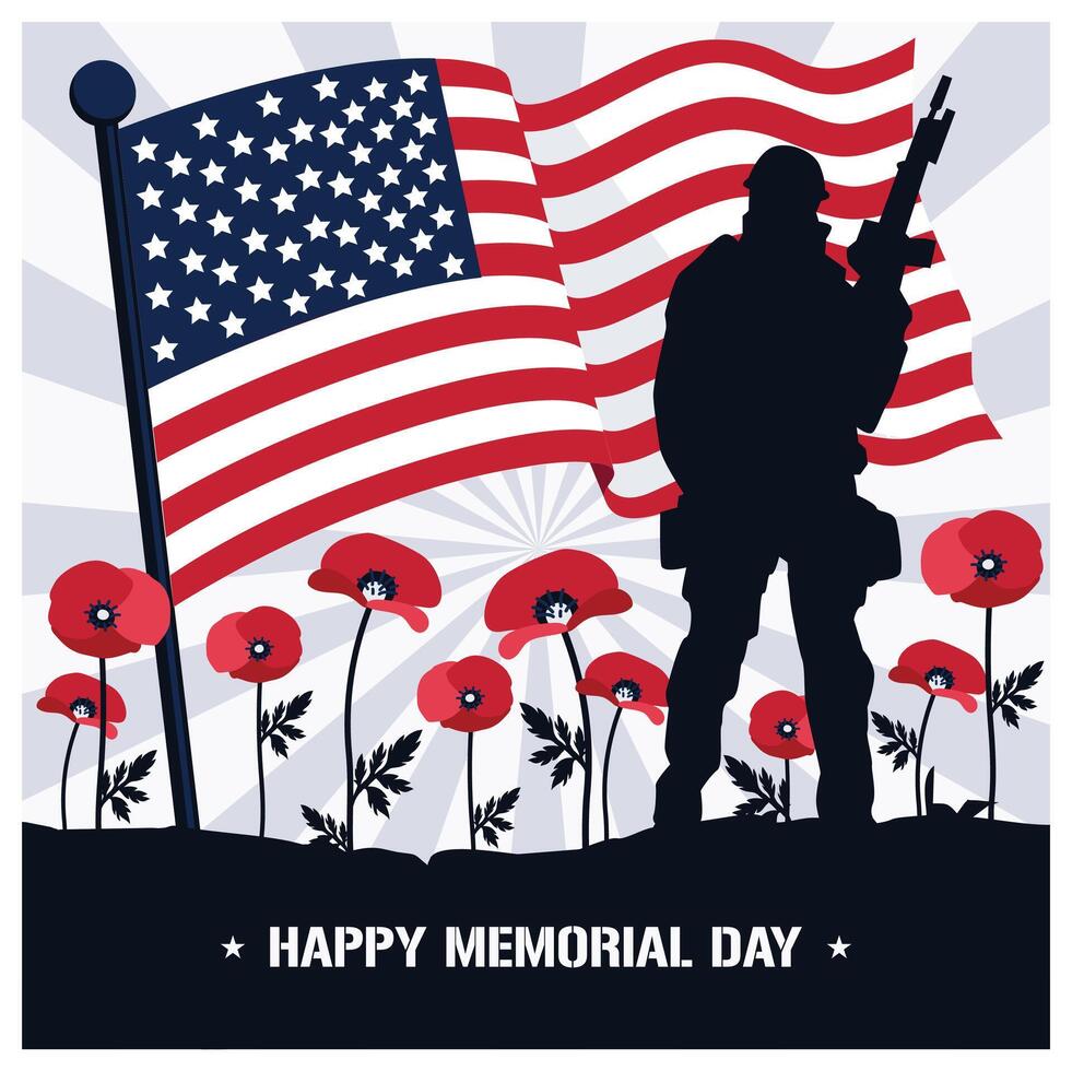 A soldier with red poppies and an American flag. Commemorating the services of heroes. Memorial Day concept. Flat illustration. vector