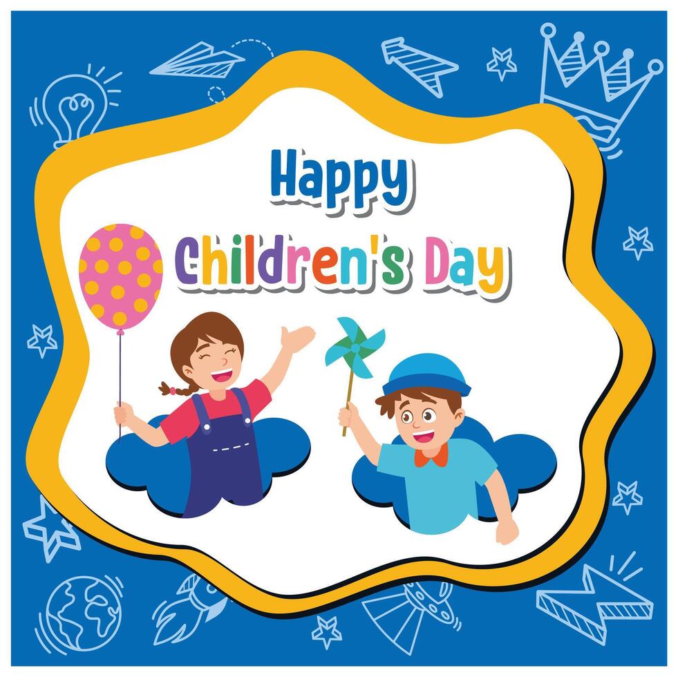 Boys play with paper pinwheels and girls play with balloons. Children play together. Children's Day concept. Flat illustration. vector
