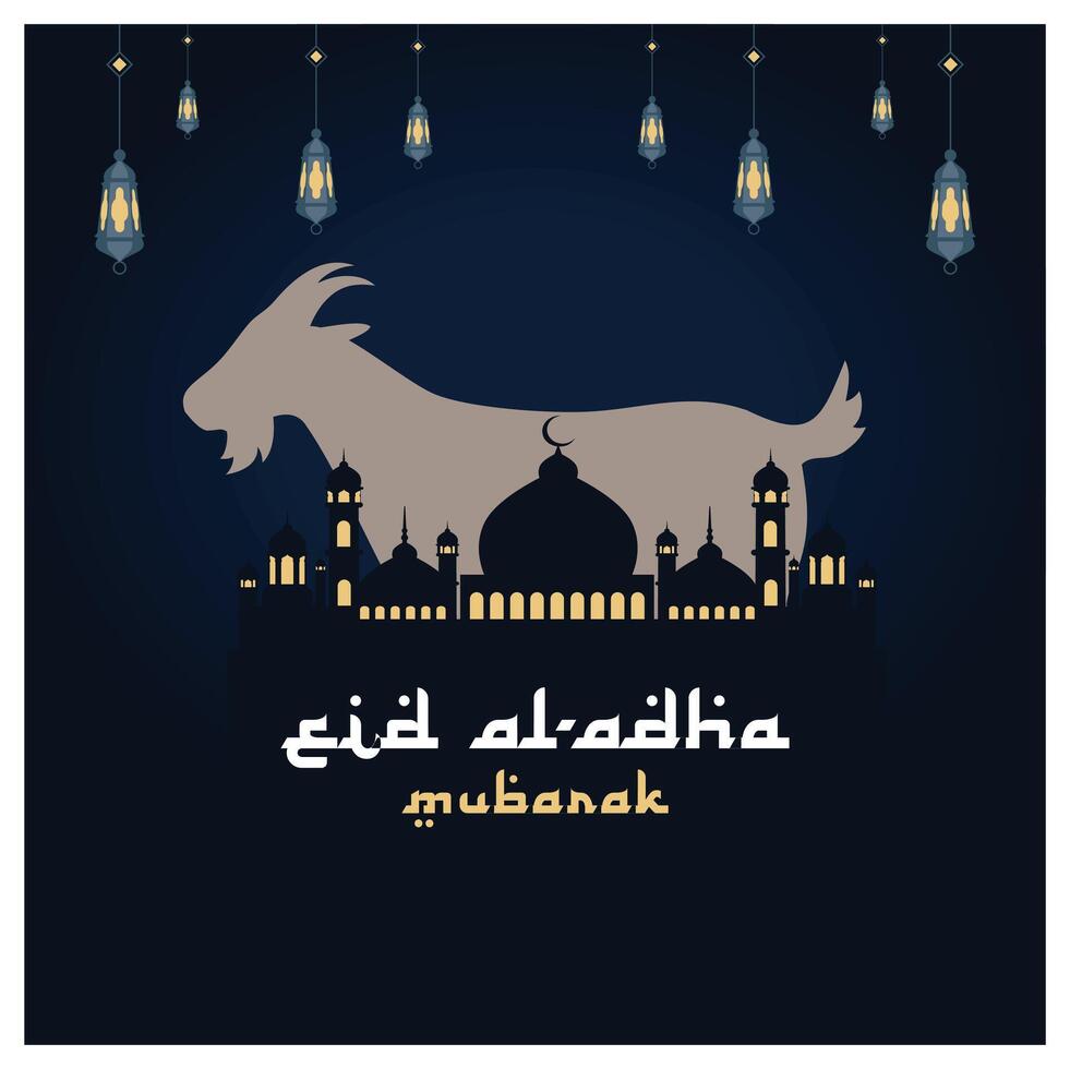 Silhouette of a mosque and a goat with a burning lantern. Happy Eid Al Adha celebration. Eid Al Adha concept. Flat illustration. vector