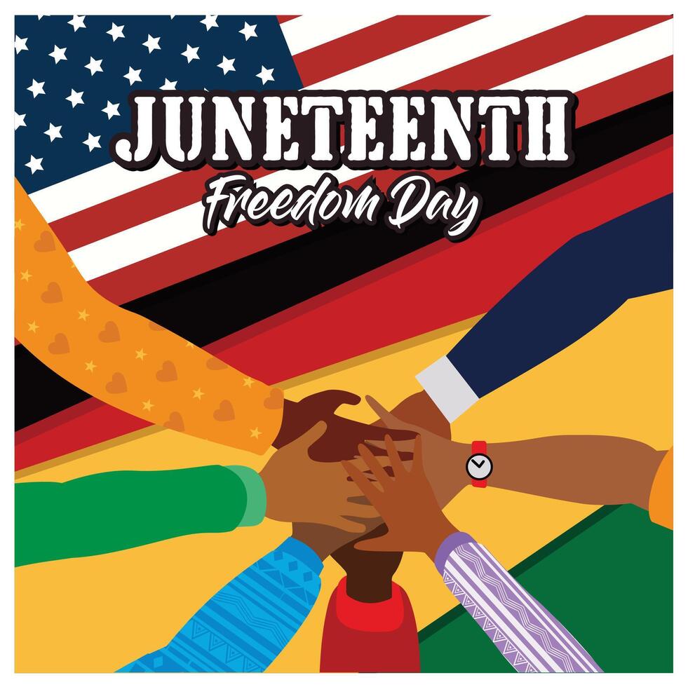 Dark-skinned hands interlocked against the backdrop of the American and Pan-African flags. Celebrating black independence in Africa. Juneteenth concept. Flat illustration. vector