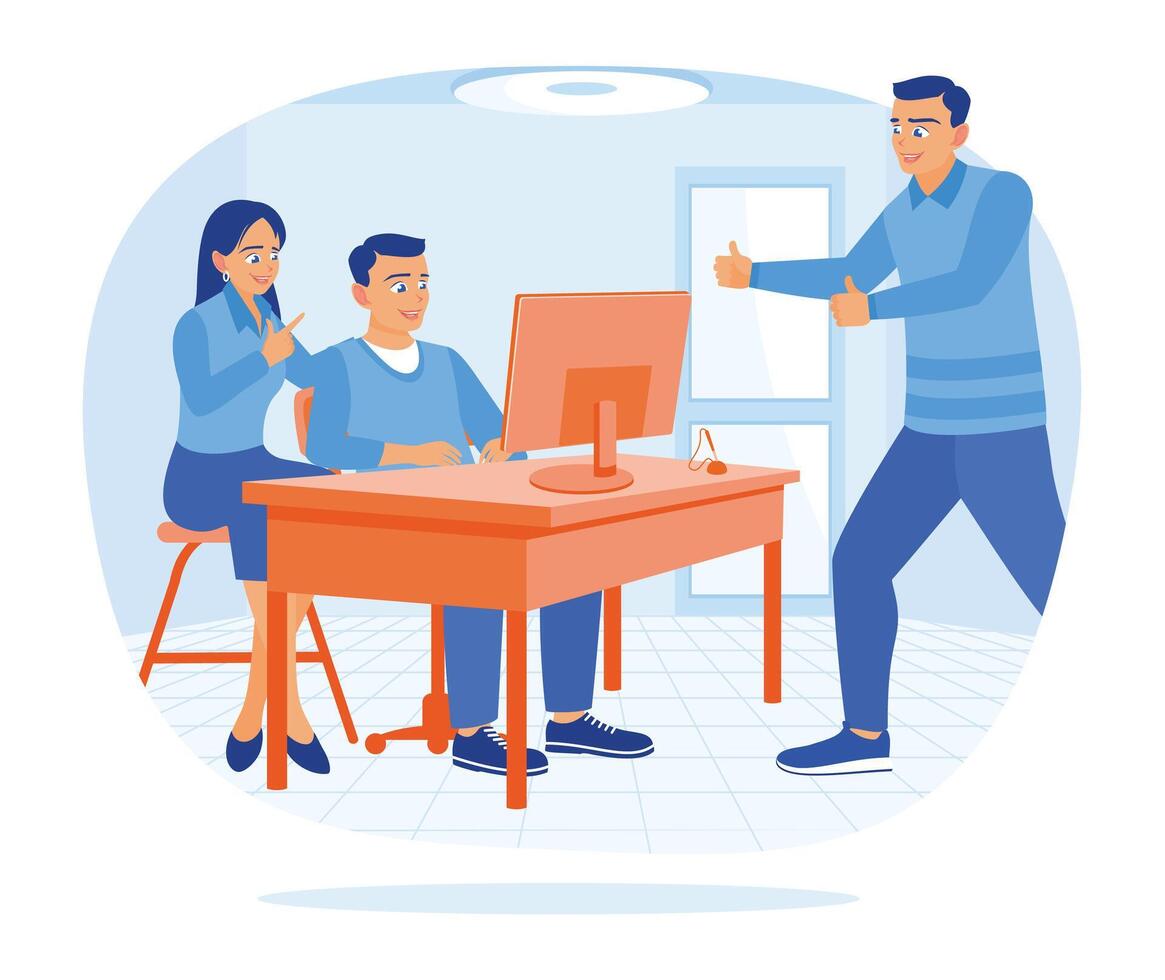 Coworkers celebrating success in the office. Work partners smiling happily in front of the computer. Colleagues rejoicing success concept. Flat illustration. vector