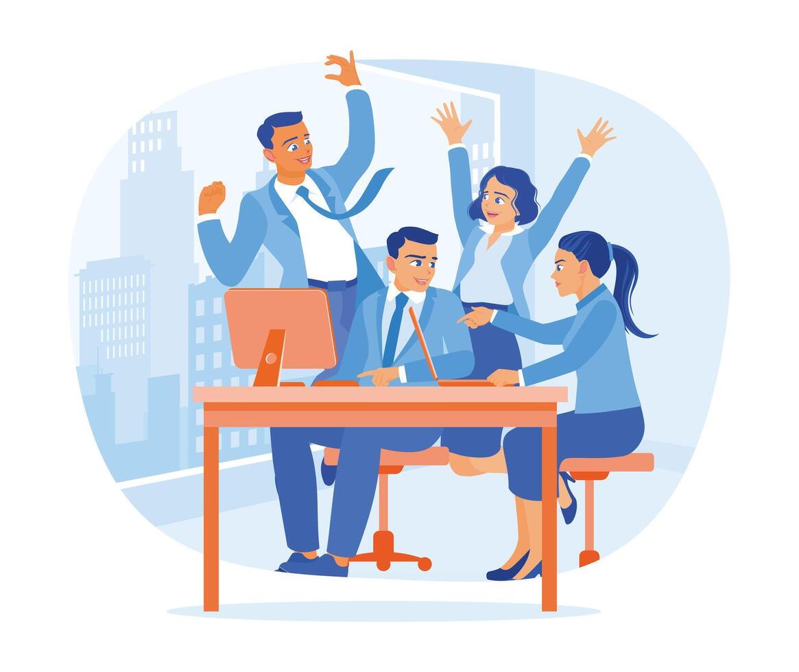 The business team celebrates work success. People with happy expressions in front of computers. Colleagues rejoicing success concept. Flat illustration. vector