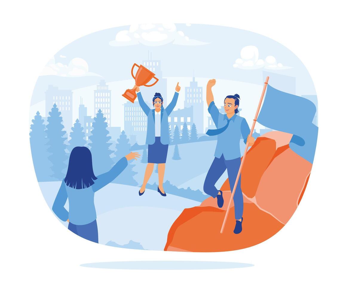 A male manager holding a flag on a hill. Businesswoman with trophy celebrating success. Colleagues rejoicing success concept. Flat illustration. vector
