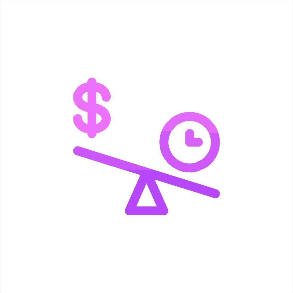 A purple and white icon of a dollar sign and a clock vector