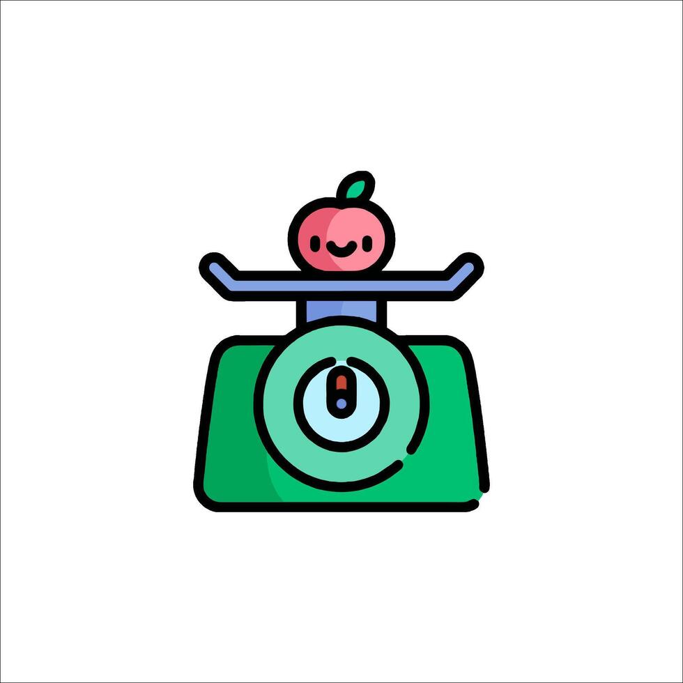 A cartoon apple on a scale with a green sticker vector