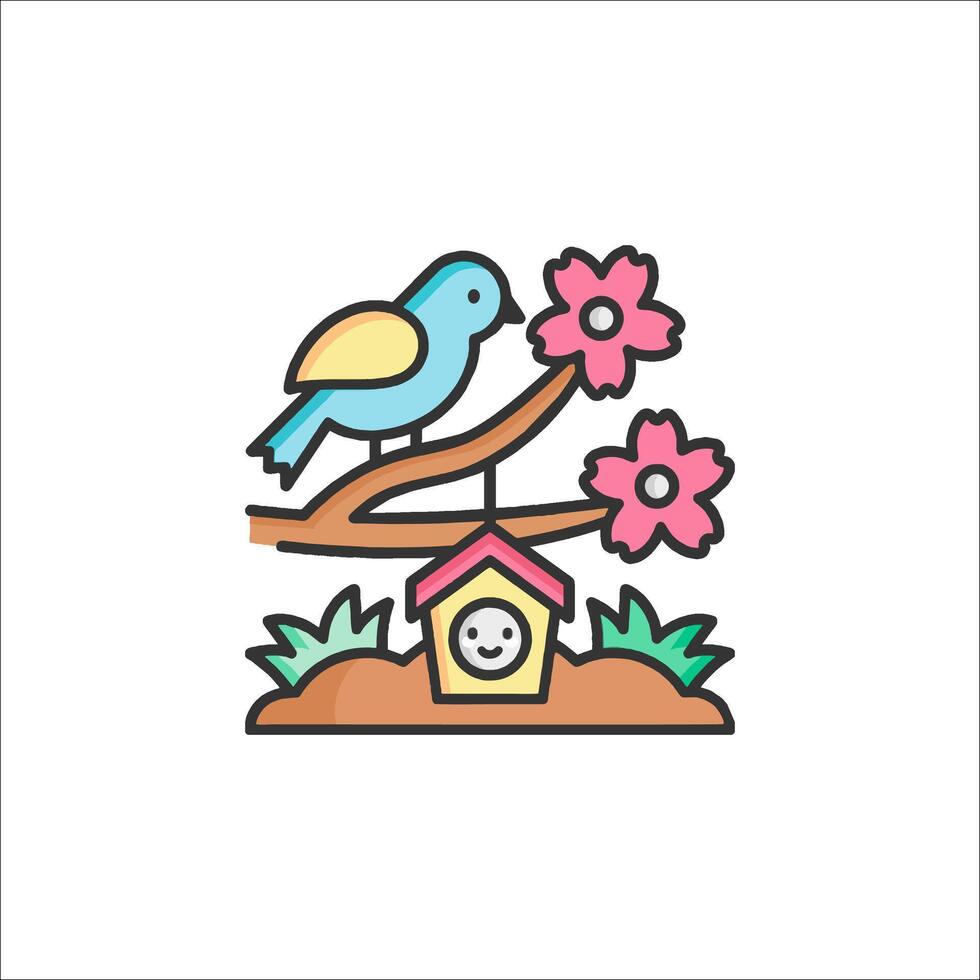 Bird house with flowers and bird on branch vector