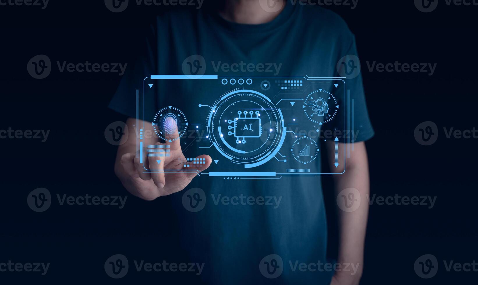 Ai, artificial intelligence technology, futuristic graphical user interface. Wireless technology virtual reality touch screen communication connection. Concept of software robot automated for internet photo