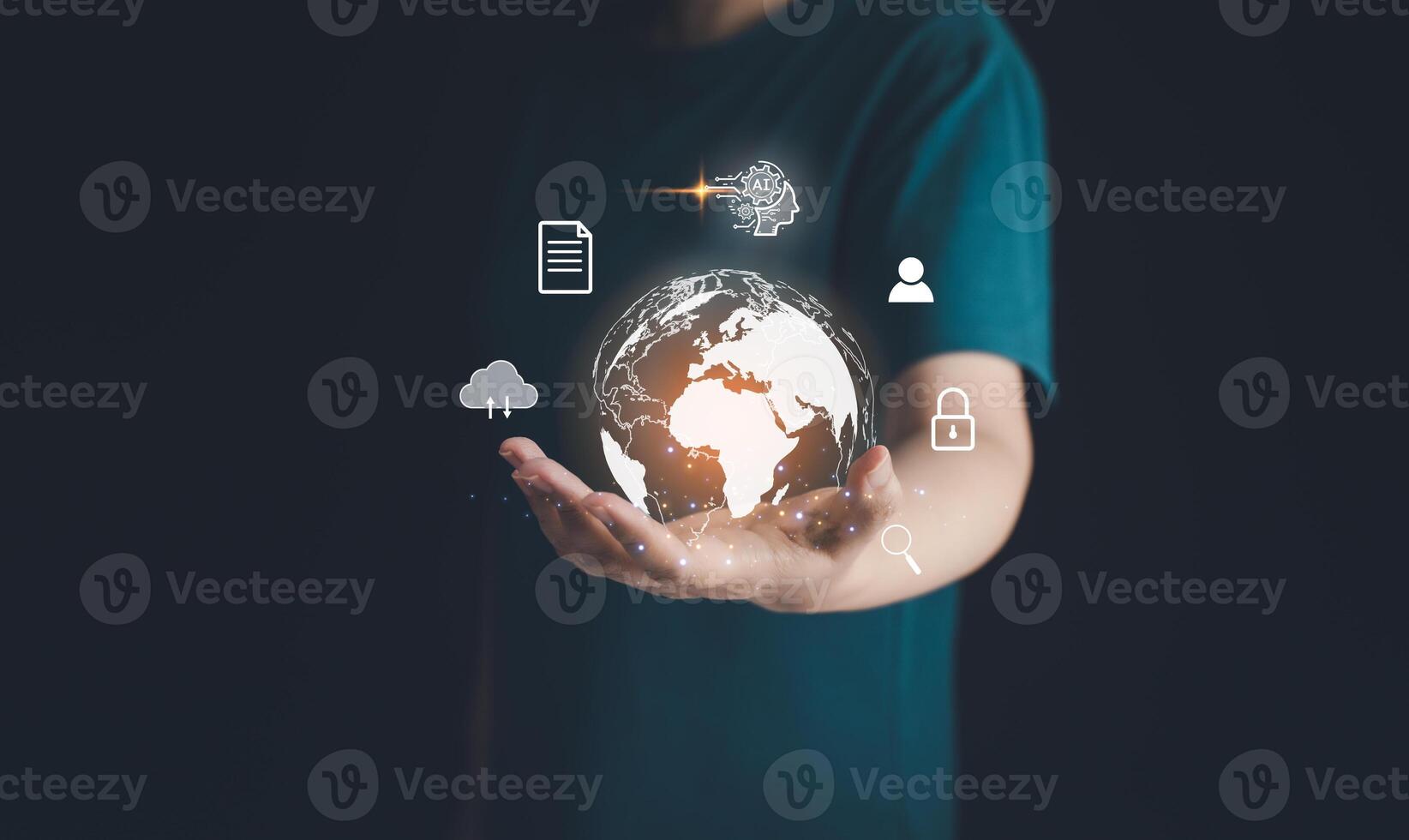 Ai, artificial intelligence technology for business connection and cyberspace communication network. Businessman hold virtual digital global on hand, virtual reality computer, generate big data cloud. photo