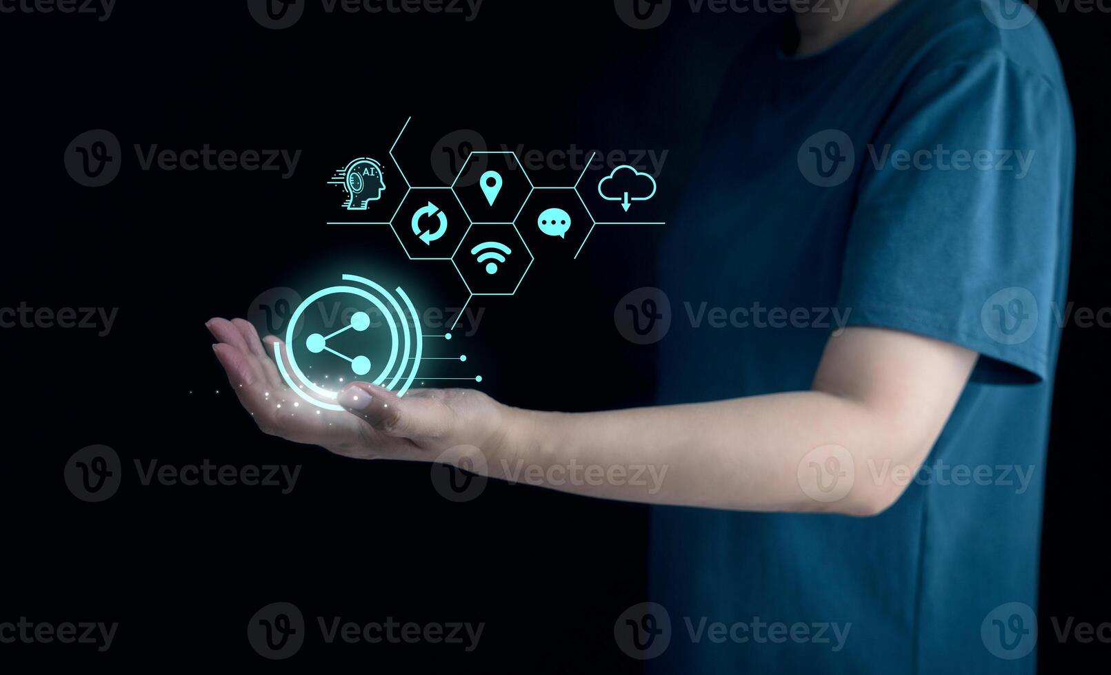 Ai, artificial intelligence technology, futuristic graphical user interface. Wireless technology virtual reality touch screen communication connection. Concept of software robot automated for internet photo