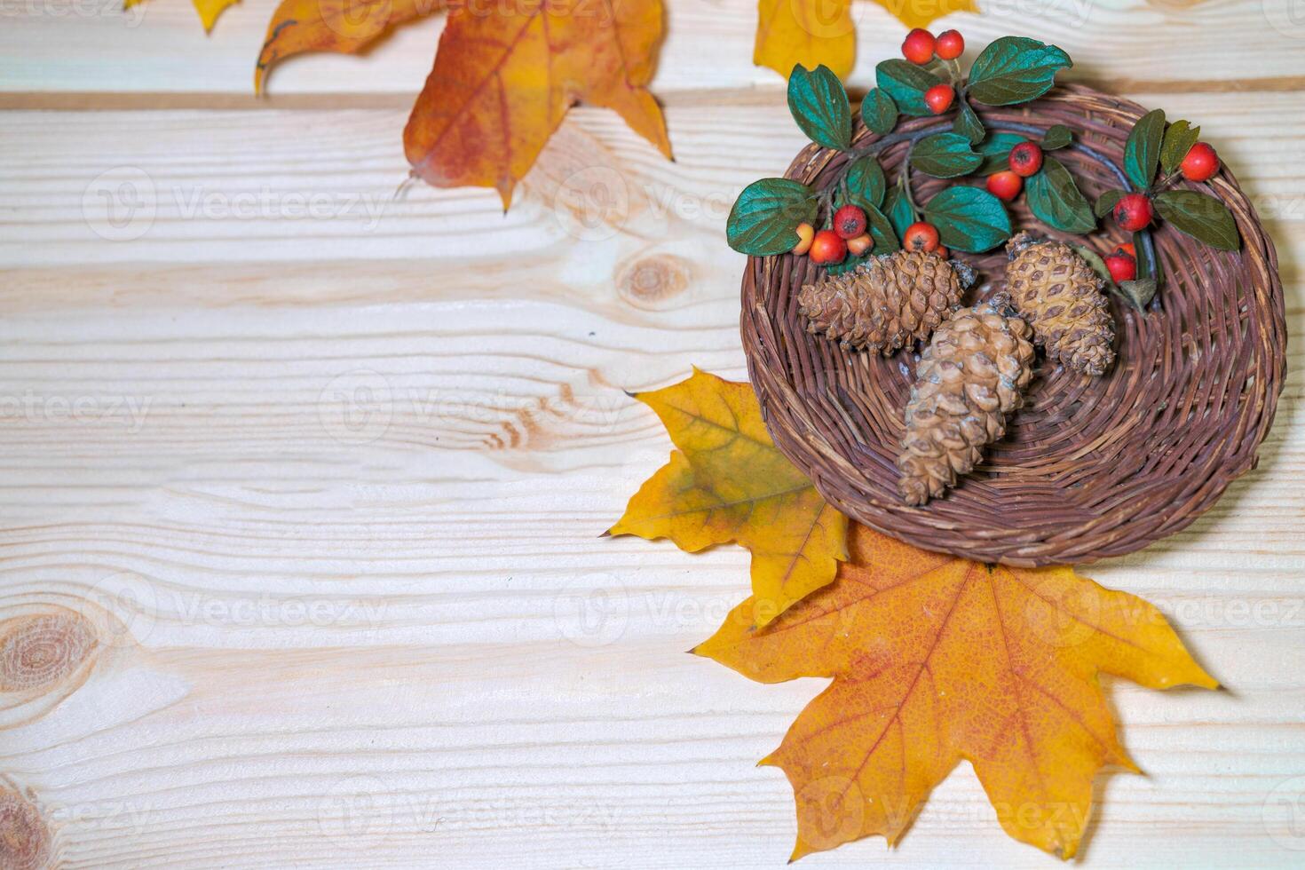 Nature, season and botany concept frame of dry autumn leaves, cones in a basket photo