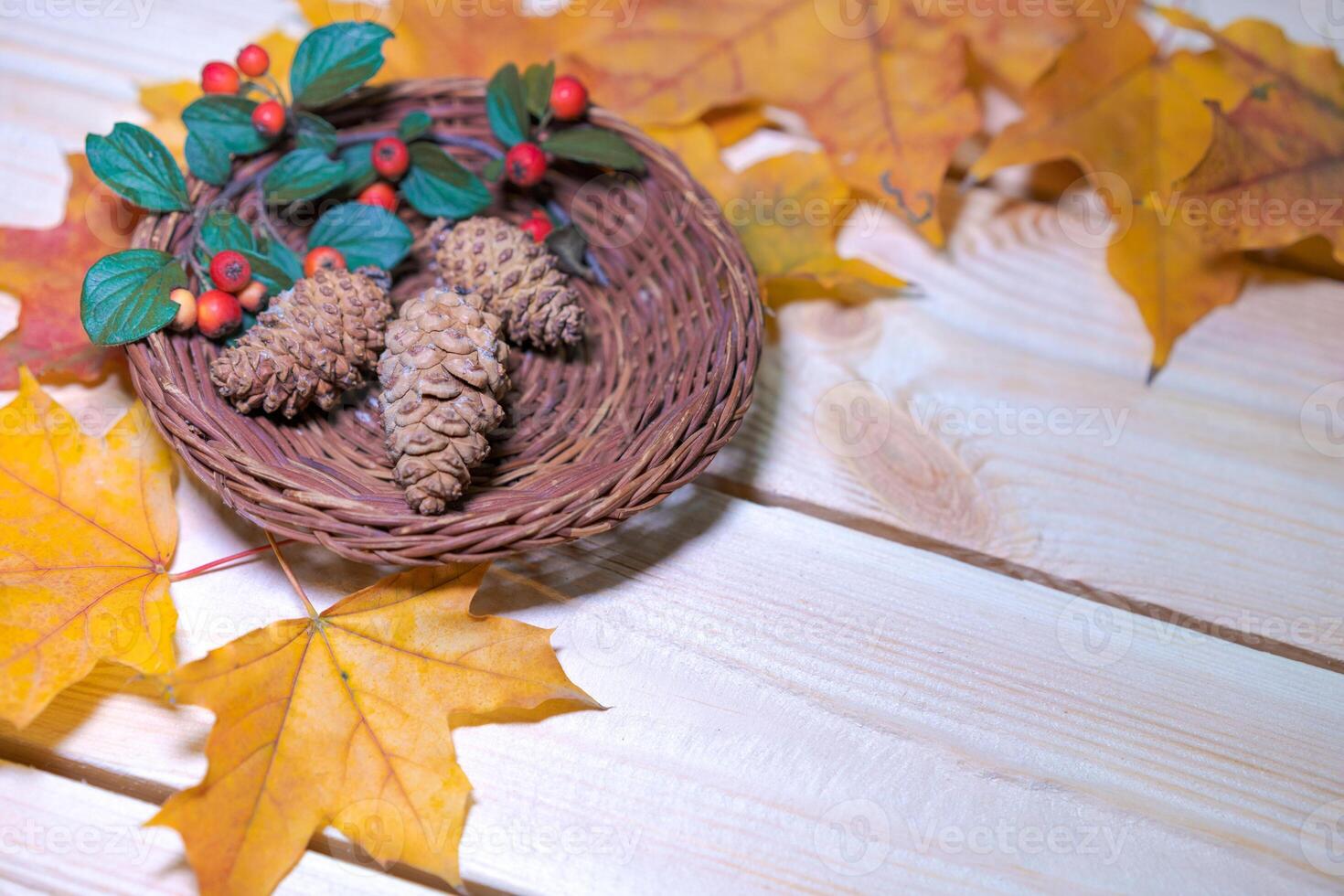 Nature, season and botany concept frame of dry autumn leaves, cones in a basket photo