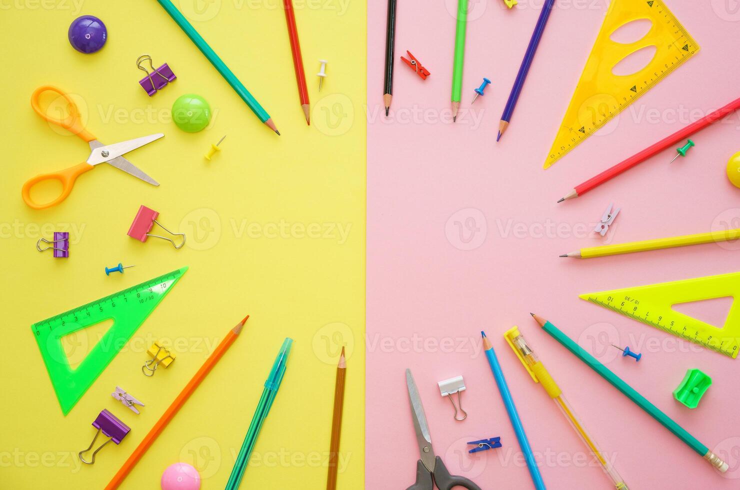 Supplies set on table, creative tools for school creative work on yellow photo