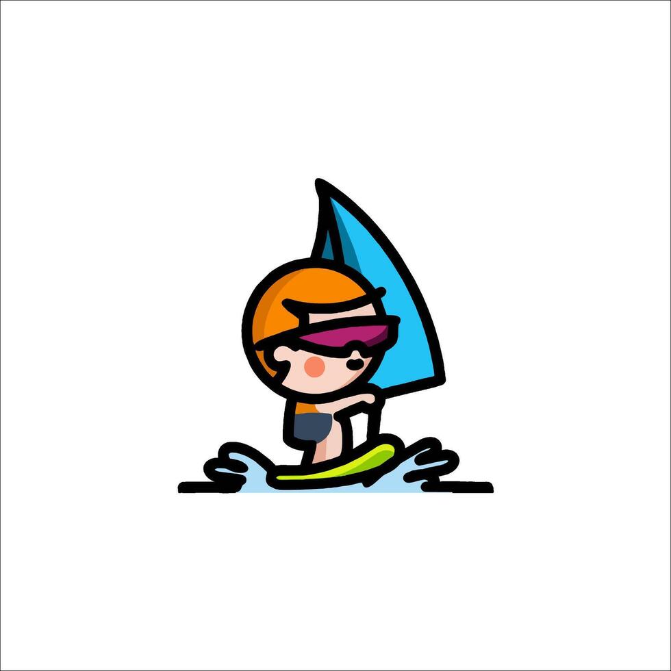 A cartoon boy on a windsurf board vector