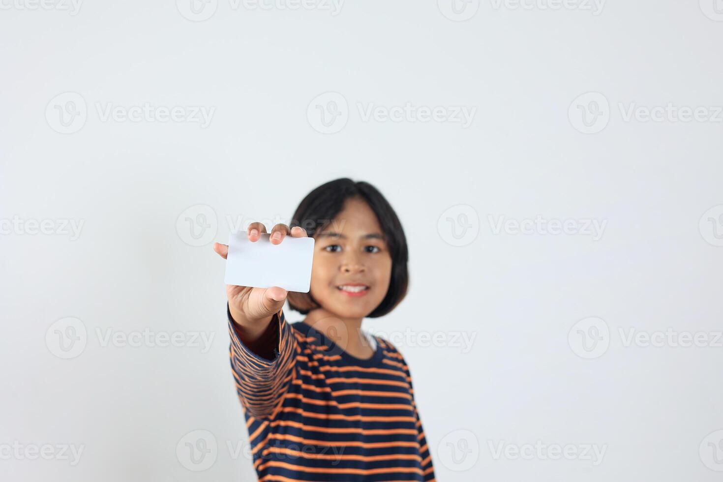 Asian Kids Holding White Empty Card, Mock Up Concept photo