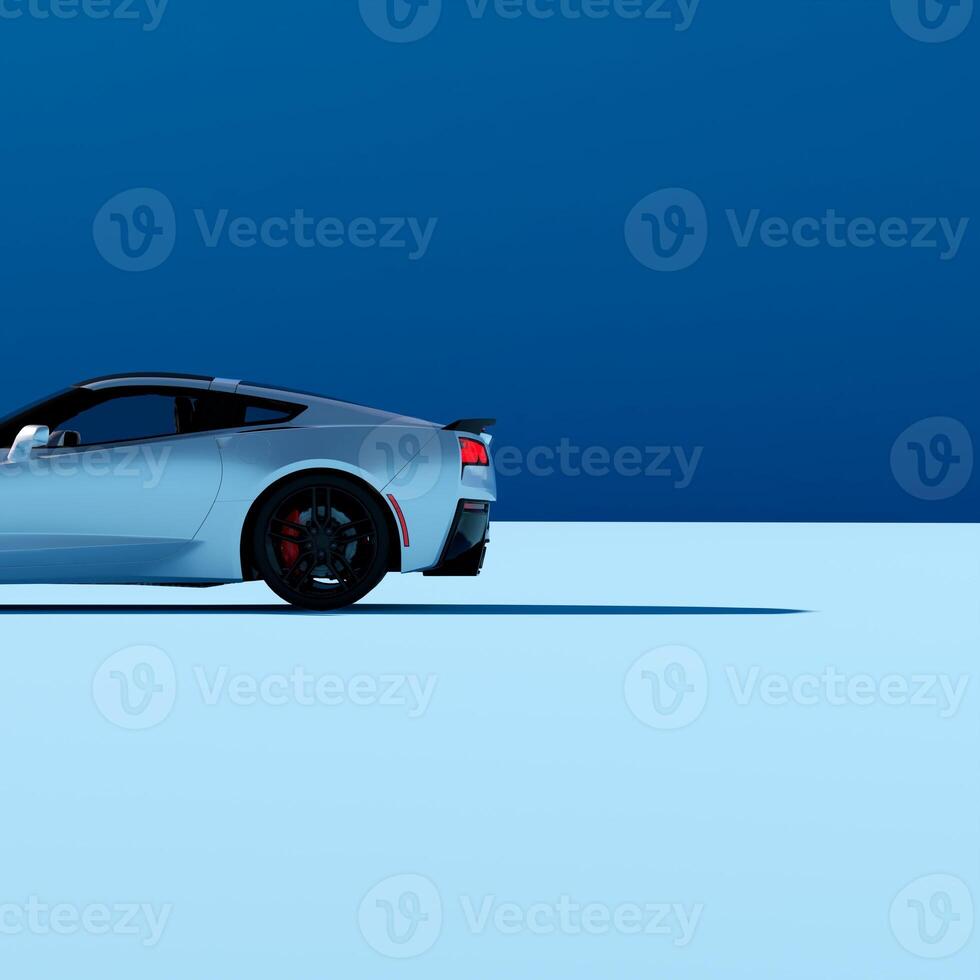 A blue sports car is shown in front of a blue sky photo