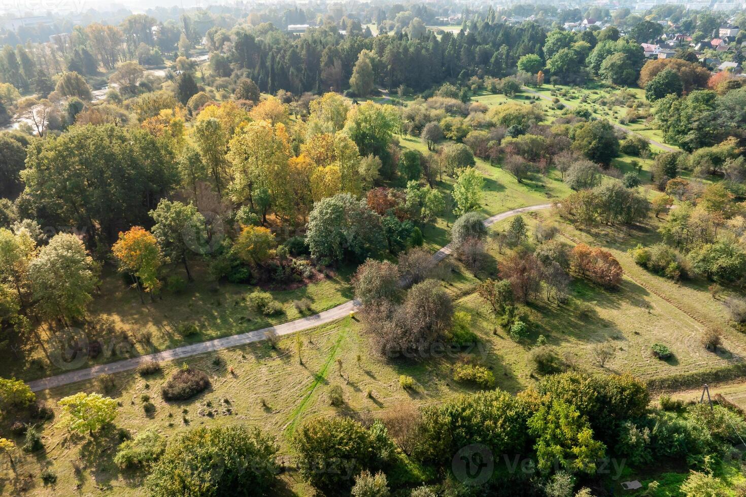 Aerial View of Botanical Garden with Autumnal Trees and Winding Path photo