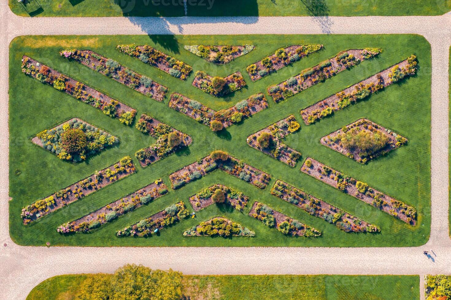 Aerial View of Symmetrical Botanical Garden with Geometric Pathways photo